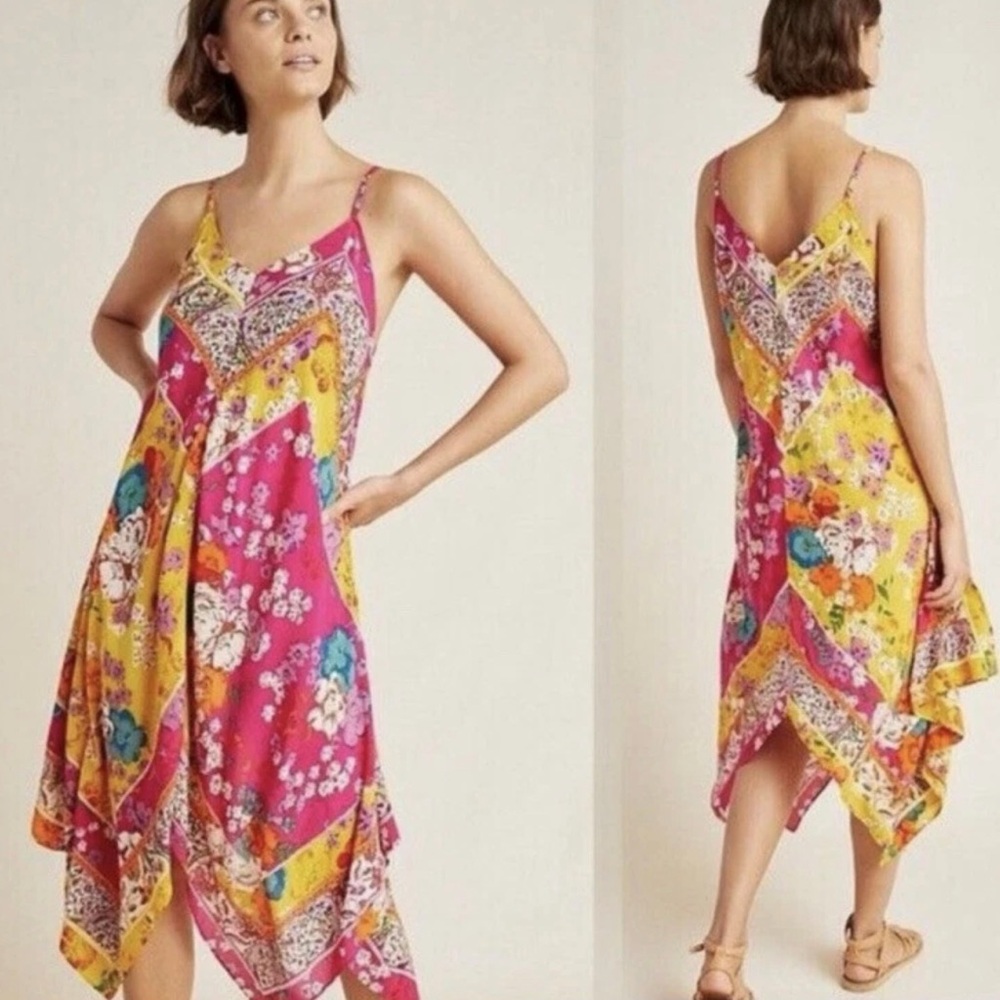Anthropologie Asymmetrical Dress in Pink and Yellow